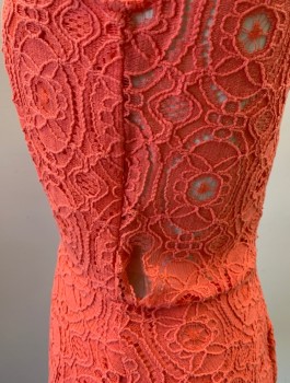 Womens, Dress, Sleeveless, AQUA, Coral Pink, Cotton, Nylon, Solid, Swirl , M, Looped Lace Fabric Over Opaque Base Layer, 1.5" Straps, Scoop Neck, Fit and Flare Shape, Hem Above Knee, Invisible Zipper in Back