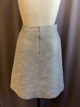 Womens, Skirt, Knee Length, KATE SPADE, Silver, White, Cotton, Polyamide, Tweed, 4, 1.5" Waistband, 2 Slit Diagonal Pockets Stitched Down, Zip Back