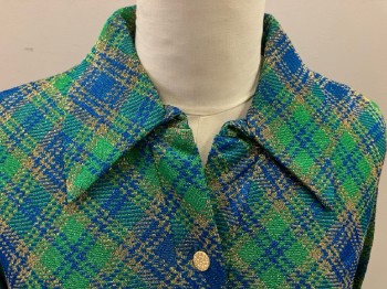 NL, Green Blue & Gold Metallic Plaid, L/S, B.F. Placket, C.A., Pullover, Above Knee Length
