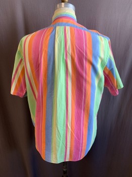 Mens, Shirt, RALPH LAUREN, Orange, Neon Green, Pink, Yellow, Lt Blue, Cotton, Stripes - Vertical , L, C.A., Button Down Collar, Button Front, S/S