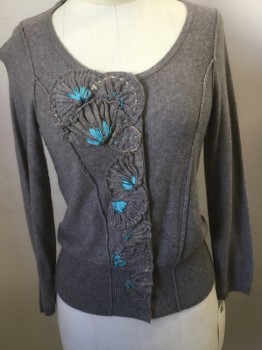 Womens, Sweater, SPARROW, Taupe, Viscose, Nylon, Heathered, S, Back Side Knit, Scoop Neck, Snap Front, Self Fan Appliques with Turquoise Ribbon Detail, L/S