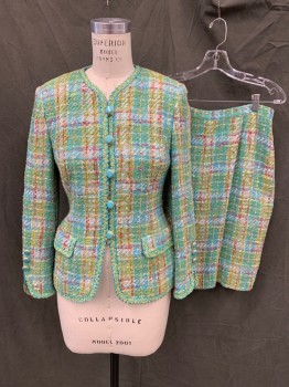 HERBERT GROSSMAN, Turquoise Blue, Orange, Hot Pink, White, Green, Wool, Plaid, Basket Weave, Button Loop Front, Turquoise/Gold Plastic Buttons, 2 Faux Flap Pockets, Long Sleeves, Slit at Cuffs, Braided Trim Detail,