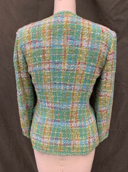 Womens, 2 PC Dress Suit, HERBERT GROSSMAN, Turquoise Blue, Orange, Hot Pink, White, Green, Wool, Plaid, Basket Weave, 6, Button Loop Front, Turquoise/Gold Plastic Buttons, 2 Faux Flap Pockets, Long Sleeves, Slit at Cuffs, Braided Trim Detail,