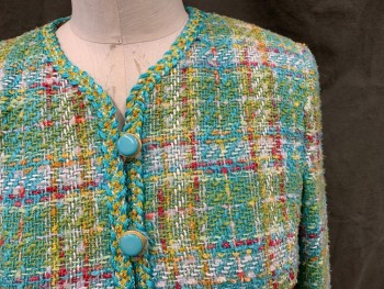 HERBERT GROSSMAN, Turquoise Blue, Orange, Hot Pink, White, Green, Wool, Plaid, Basket Weave, Button Loop Front, Turquoise/Gold Plastic Buttons, 2 Faux Flap Pockets, Long Sleeves, Slit at Cuffs, Braided Trim Detail,