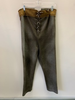 Mens, Historical Fiction Pants, MTO, Gray, Wool, Tweed, 28/28, Aged, Orange Specs, Light Brow Suede On Waist, Lace Up Back, Grommets On Front