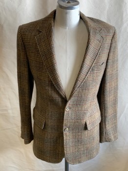 BROOKS BROTHERS, Camel Brown, Brown, Sage Green, Wool, Houndstooth, Plaid, Notched Lapel, 2 Button Single Breasted, 3 Pockets, Single Vent