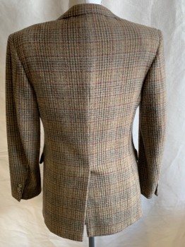 Mens, Blazer/Sport Co, BROOKS BROTHERS, Camel Brown, Brown, Sage Green, Wool, Houndstooth, Plaid, 40L, Notched Lapel, 2 Button Single Breasted, 3 Pockets, Single Vent