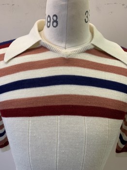 HIMALAYA, Cream, Navy Blue, Dk Red, Dusty Pink, Cotton, Stripes, S/S, Knit Sweater Polo, Spread Pointed Collar, V Neckline, Ribbed Hem