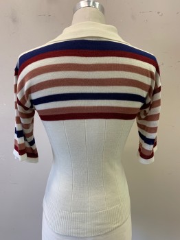 Mens, Polo Shirt, HIMALAYA, Cream, Navy Blue, Dk Red, Dusty Pink, Cotton, Stripes, S, S/S, Knit Sweater Polo, Spread Pointed Collar, V Neckline, Ribbed Hem