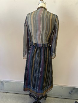 Womens, 1980s Vintage, Top, RICHARD ASSATLY, Black, Blue, Mustard Yellow, White, Red, Polyester, Stripes - Vertical , W:24, B:32, H:38, Sheer, Band Collar, Self Covered Button & Loop Front, Elastic Waist, Long Slightly Flared Sleeves, Bra Strap Keepers