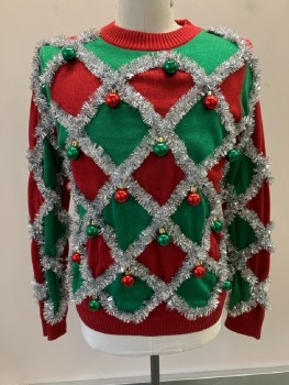 Mens, Pullover Sweater, TIPSY ELVES, L, Red & Green Argyle with Silver Garland Detail & Red & Green Ball Ornaments, L/S, CN,