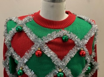 Mens, Pullover Sweater, TIPSY ELVES, L, Red & Green Argyle with Silver Garland Detail & Red & Green Ball Ornaments, L/S, CN,