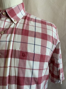 Mens, Casual Shirt, CHRISTIAN DIOR, Red, Off White, Navy Blue, Cotton, Polyester, Plaid, XL, Button Down Collar, Button Front, Short Sleeves, 1 Pocket