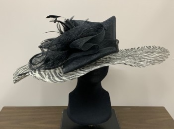 Womens, Straw Hat, SCALA PRONTO, Black, White, Straw, Solid, Swirl , OS, Wide Brim, Self Band, Bow with Feathers