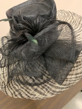 Womens, Straw Hat, SCALA PRONTO, Black, White, Straw, Solid, Swirl , OS, Wide Brim, Self Band, Bow with Feathers