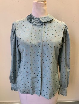 ST. EMILION, Slate Blue, Multi-color, Polyester, Abstract , Long Puffy Sleeves, Button Front, Finely Pleated Round Collar, **Beige Panel Added In Back