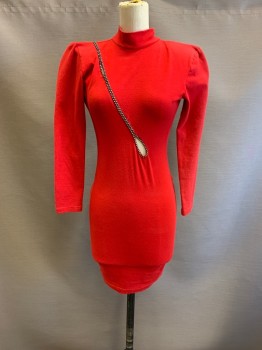 ATOMIC AGE, Red, Cotton, Lycra, Mock Neck, L/S, Diagonal Rhinestone Stripe With Tear Drop Cut Out, Padded Shoulders, L/S, Open Back