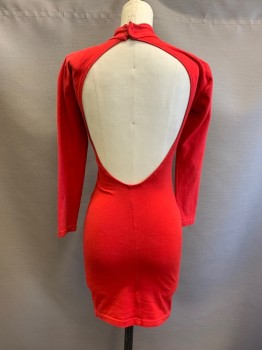 ATOMIC AGE, Red, Cotton, Lycra, Mock Neck, L/S, Diagonal Rhinestone Stripe With Tear Drop Cut Out, Padded Shoulders, L/S, Open Back