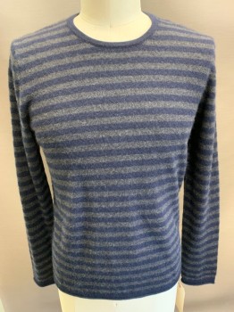 Mens, Pullover Sweater, SAKS FIFTH AVE, Navy Blue, Gray, Cashmere, Stripes - Horizontal , L, L/S, CN, Bold H-stripe on Back