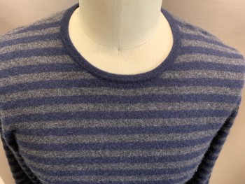 Mens, Pullover Sweater, SAKS FIFTH AVE, Navy Blue, Gray, Cashmere, Stripes - Horizontal , L, L/S, CN, Bold H-stripe on Back