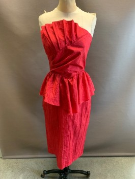Womens, Cocktail Dress, B.B. COLLECTION, Red, Polyester, 4, Crinkle Texture, Strapless, Fit & Flare, Peplum Waist, Zip Back, Hem Below Knee