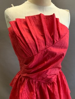 B.B. COLLECTION, Red, Polyester, Crinkle Texture, Strapless, Fit & Flare, Peplum Waist, Zip Back, Hem Below Knee