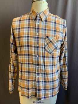 Mens, Casual Shirt, BILLY REID, Orange, Navy Blue, White, Lt Blue, Red, Cotton, Plaid, XL, Button Front, Collar Attached, 1 Pocket, Long Sleeves, Button Cuff
