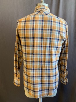 Mens, Casual Shirt, BILLY REID, Orange, Navy Blue, White, Lt Blue, Red, Cotton, Plaid, XL, Button Front, Collar Attached, 1 Pocket, Long Sleeves, Button Cuff