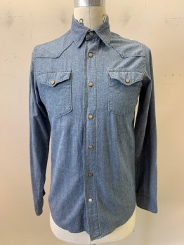 Mens, Western Shirt, Wrangler, Denim Blue, Cotton, Solid, S, L/S, Snap Button, Collar Attached, Chest Pockets