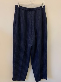 Womens, 1990s Vintage, Suit, Pants, VALERIE STEVENS, Navy Blue, White, Polyester, Stripes - Pin, W29, Pleated Front, Side Pockets, Zip Front,