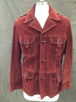 Mens, Jacket, FOX 83, Red Burgundy, Suede, Solid, 40, Mens 1970's Suede Jacket, 3 Leather Button Closure Center Front, 4 Patch Pockets with Silver Rectangle Buckle Strap Closures, Cream Top stitching with Leather and Metal Tabs at Shoulders. Repaired Harness Slits at Both Back Shoulders and Repaired Slit at Left Front Shoulder
