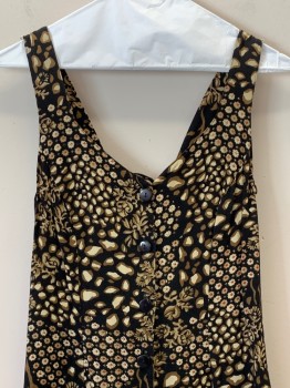 Womens, Romper, LIBERTY FASHION, Black, Brown, Beige, Rayon, Floral, Spots , B34, Sleeveless, V Neck, Button Front, Flared Bottom, Cross Back Tie