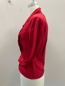 N/L, Red Poly, B.F., Notched Lapel Is Popped In Back with Stiffener, Double Pleats From Yoke Front And Back Are Stitched Down At Waist, L/S With Button Cuffs