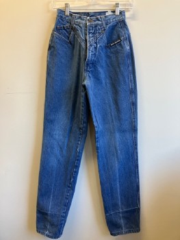 Womens, Jeans, ROCKY MOUNTAIN, Denim Blue, Cotton, Solid, W: 24, F.F, Zip Front, Belt Loops, Zig Zag Seam Across Hips, 5 Pockets,