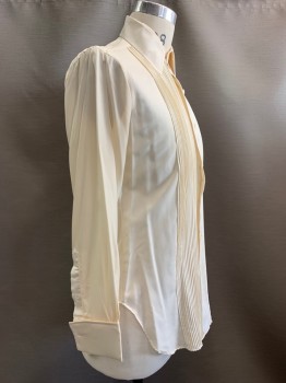 I MAGNIN, Cream, Silk, Solid, L/S, Button Front, Collar Attached, French Cuffs,
