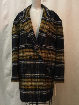 ZARA, Navy Blue, White, Yellow, Synthetic, Plaid, Navy/ White/ Yellow Plaid, Dbl Breasted, 6 Buttons, Peaked Lapel, 2 Faux Pockets
