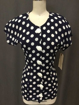 Womens, Blouse, WEST 27TH STREET, Navy Blue, White, Rayon, Polka Dots, S, S/S, Round Neck, White Large Buttons At Front, Self Lacing Back, Cap Sleeves