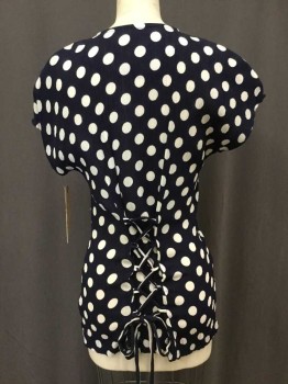 Womens, Blouse, WEST 27TH STREET, Navy Blue, White, Rayon, Polka Dots, S, S/S, Round Neck, White Large Buttons At Front, Self Lacing Back, Cap Sleeves