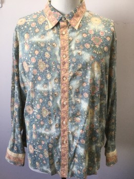 ROBERT GRAHAM, Multi-color, Sage Green, Slate Blue, Beige, Salmon Pink, Cotton, Novelty Pattern, Floral, Whimsical Floral Pattern, Long Sleeve Button Front, Collar Attached