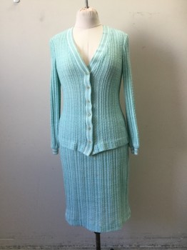 Womens, 1970s Vintage, Top, KAY WINDSOR, Aqua Blue, Synthetic, W 26, B 34, Cardiagn - Novelty Knit, L/S, Aqua/White Stripe Ribbed Knit Lapel/Cuff, Cream Iridescent Buttons