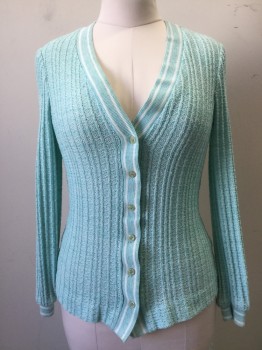 Womens, 1970s Vintage, Top, KAY WINDSOR, Aqua Blue, Synthetic, W 26, B 34, Cardiagn - Novelty Knit, L/S, Aqua/White Stripe Ribbed Knit Lapel/Cuff, Cream Iridescent Buttons