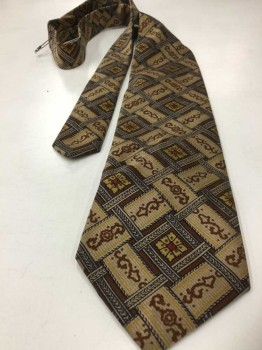 Mens, Tie, N/L, Beige, Brown, Yellow, Red, Black, Polyester, Basket Weave, Abstract , 4 In Hand, See Detail Photo