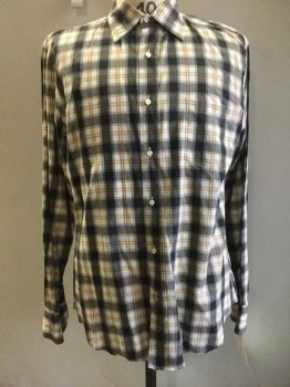 MASONS, Gray, Cream, Brown, Cotton, Plaid, Button Front, Collar Attached, Long Sleeves, 1 Pocket,