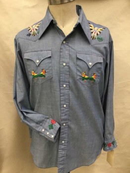Mens, Western Shirt, H BAR C , Slate Blue, Brown, Off White, Yellow, Orange, Poly/Cotton, Heathered, Animal Print, C 46, Western Style,  Heather Slate Blue W/red Top Stitches, brown, Off White, Blue, red Eagle Front Yoke, and Yellow, Orange, Green Birds Embroidery Work On Pocket & Back Yoke, Collar Attached, Milky Snap Front, Long Sleeves, W/green, Orange Diamond Embroidery On Cuffs, 2 Pockets W/flap, See Photo Attached,