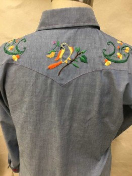 Mens, Western Shirt, H BAR C , Slate Blue, Brown, Off White, Yellow, Orange, Poly/Cotton, Heathered, Animal Print, C 46, Western Style,  Heather Slate Blue W/red Top Stitches, brown, Off White, Blue, red Eagle Front Yoke, and Yellow, Orange, Green Birds Embroidery Work On Pocket & Back Yoke, Collar Attached, Milky Snap Front, Long Sleeves, W/green, Orange Diamond Embroidery On Cuffs, 2 Pockets W/flap, See Photo Attached,