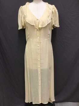 Womens, Dress, Short Sleeve, CHRISTY DAWN, Yellow, White, Tan Brown, Synthetic, Floral, L, Hem Below Knee, Button Front, Short Sleeve,  Ruffle Deep V Neckline, Sheer, Unlined