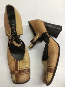 Womens, Shoes, PRADA, Tan Brown, Champagne, Brown, Leather, 7.5, Chunky Heel, Ankle Strap, Top Stitching and Leather Detail, Bakelite Buckle, Could Be Used As 1970s