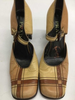 Womens, Shoes, PRADA, Tan Brown, Champagne, Brown, Leather, 7.5, Chunky Heel, Ankle Strap, Top Stitching and Leather Detail, Bakelite Buckle, Could Be Used As 1970s