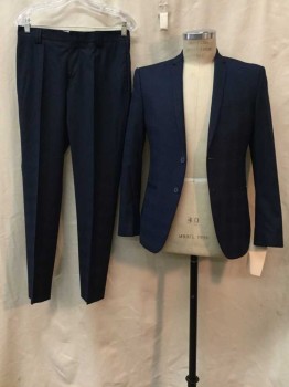 Mens, Suit, Jacket, ZARA, Navy Blue, Royal Blue, Synthetic, Plaid-  Windowpane, 38 S , Navy, Royal Blue Window Pane, Notched Lapel, 2 Buttons,  1 Faux Pocket, 2 Pockets