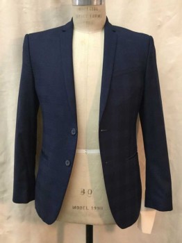 Mens, Suit, Jacket, ZARA, Navy Blue, Royal Blue, Synthetic, Plaid-  Windowpane, 38 S , Navy, Royal Blue Window Pane, Notched Lapel, 2 Buttons,  1 Faux Pocket, 2 Pockets